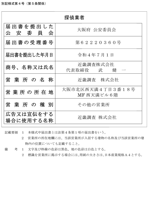 探偵業届出標識 大阪支店